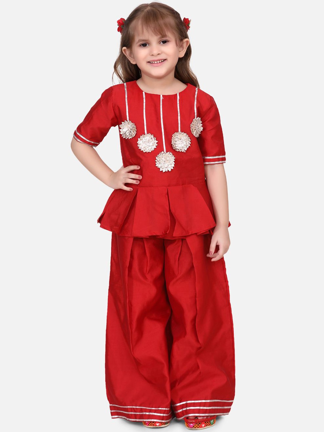 

Fairies Forever Girls Red & Off-White Solid Peplum Top with Palazzos