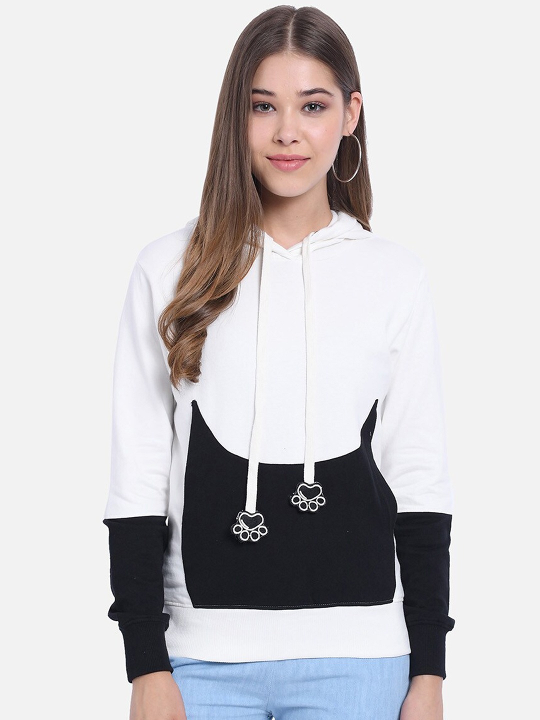 

The Dry State Women White & Black Colourblocked Hooded Sweatshirt