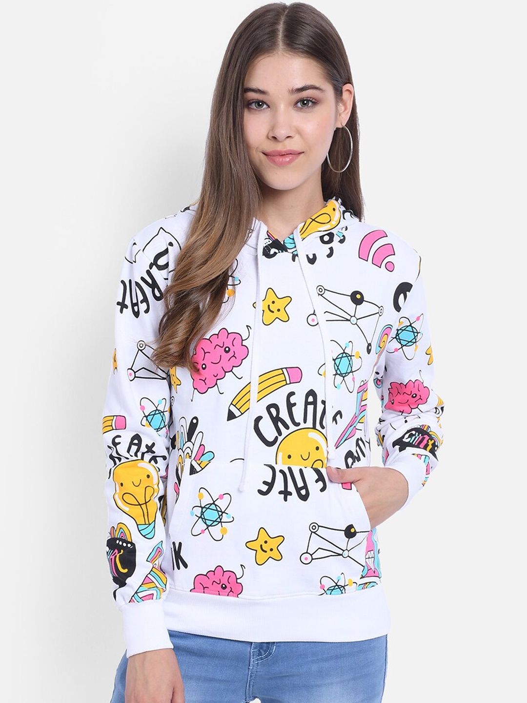 

The Dry State Women White & Yellow Printed Detachable Hood Sweatshirt