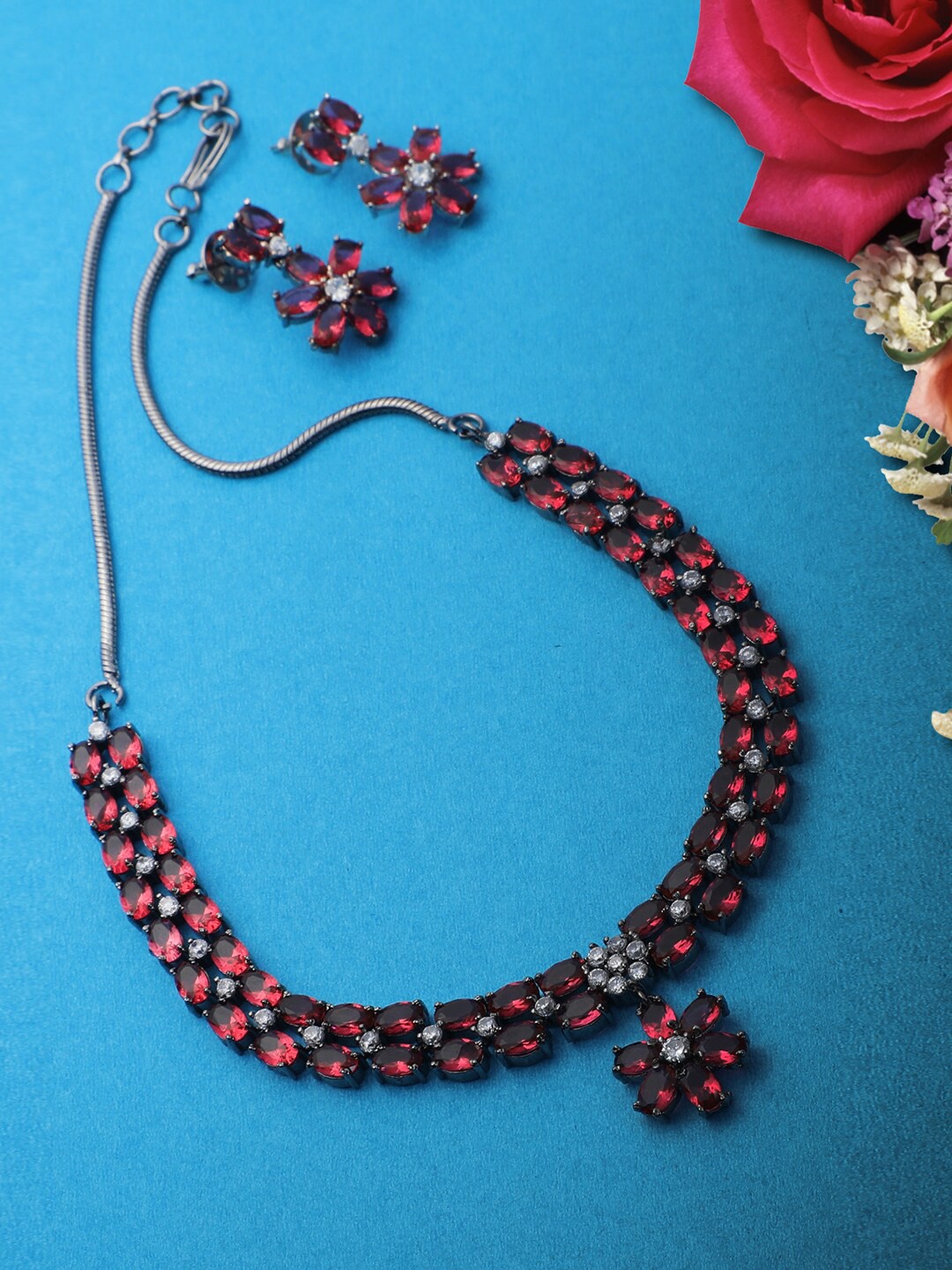 

Adwitiya Collection Gold-Plated Silver-Toned & Pink Stone-Studded Handcrafted Jewellery Set