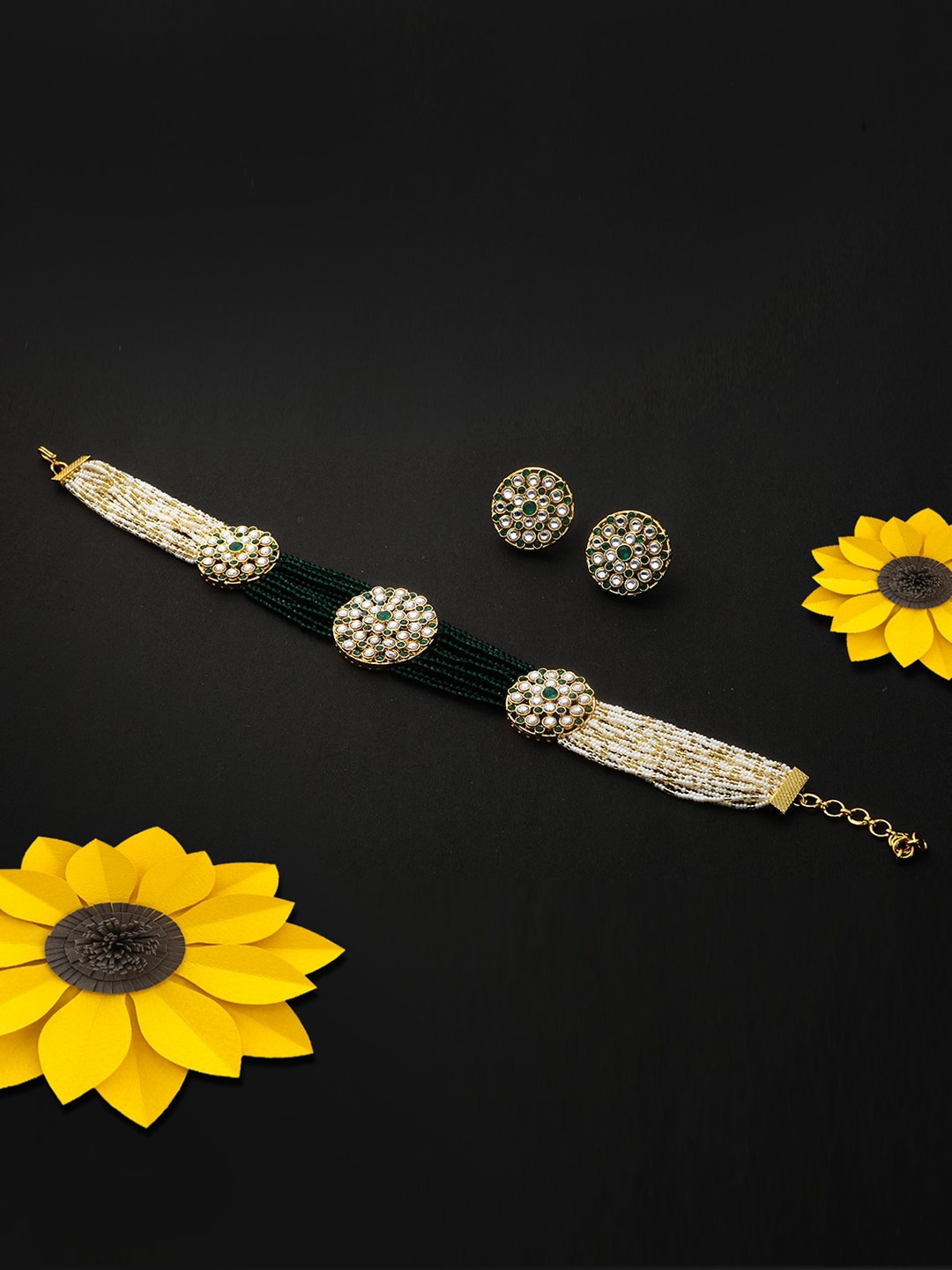 

Adwitiya Collection Gold-Plated Green & White Stone-Studded Beaded Handcrafted Jewellery Set