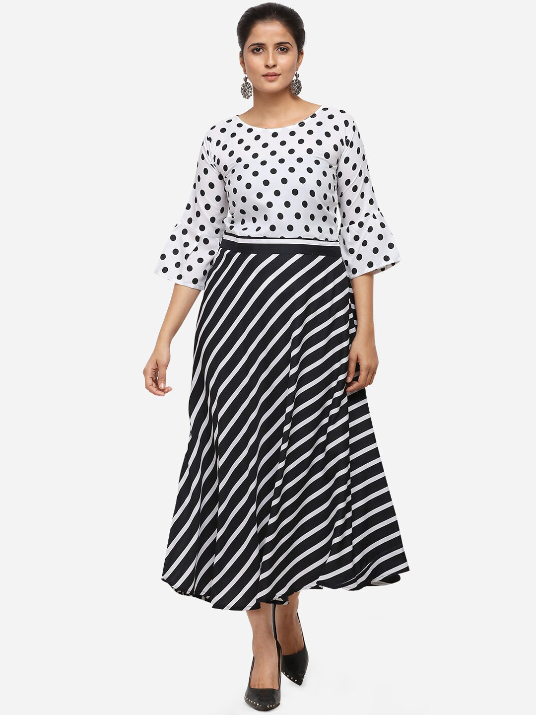 

Silk Bazar Women White & Black Polka Dots Printed Maxi Dress