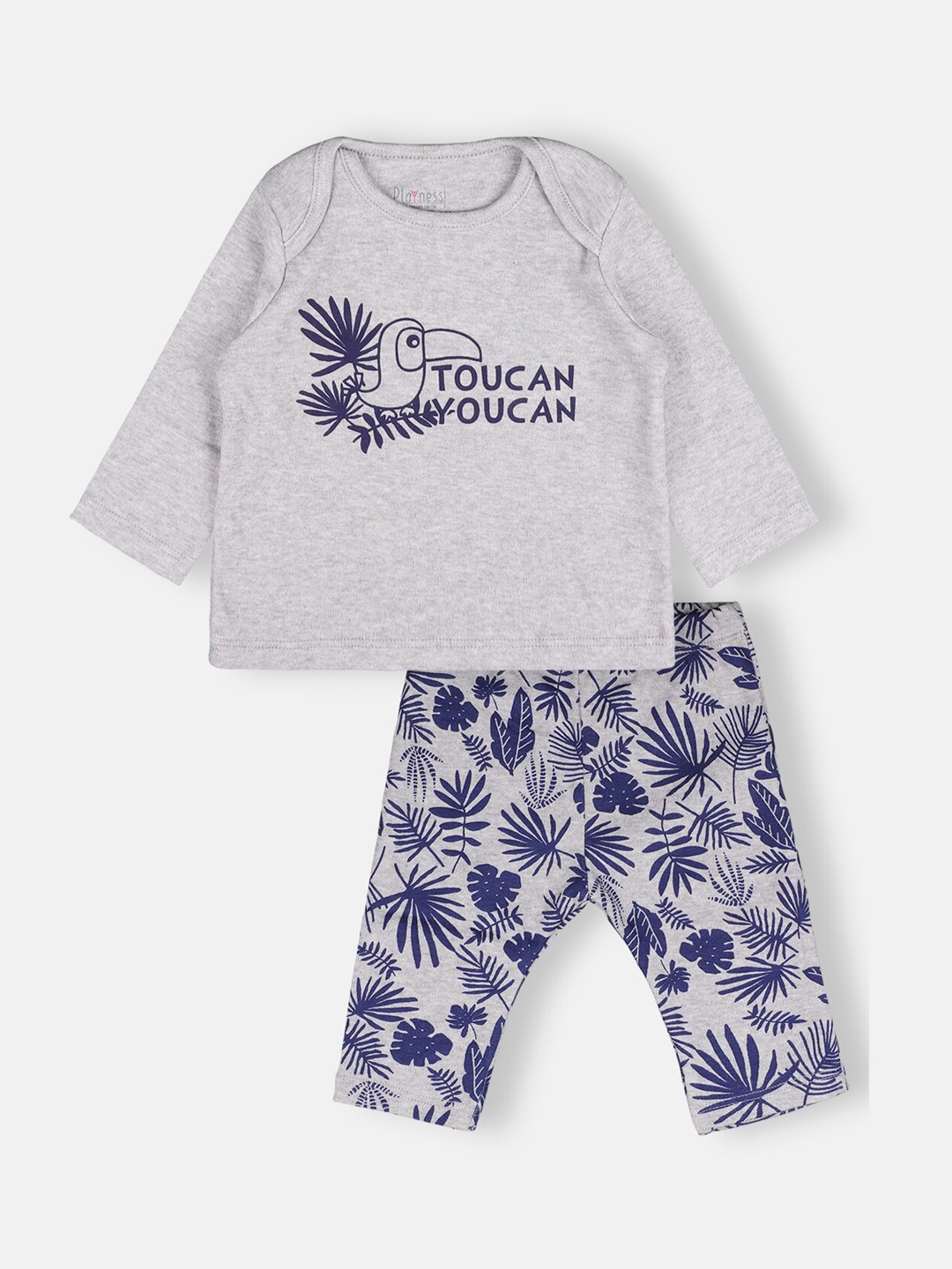 

PLAYNESS Boys Grey Melange & Navy Blue Printed Night suit