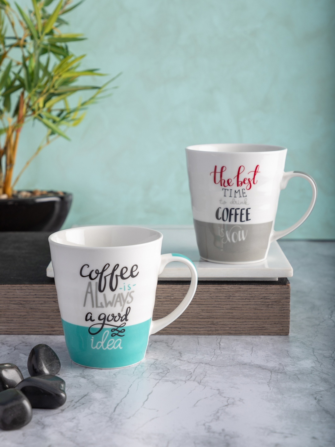 

White Gold White & Sea Green 2-Pieces Printed Porcelain Mugs Set 360 ml each