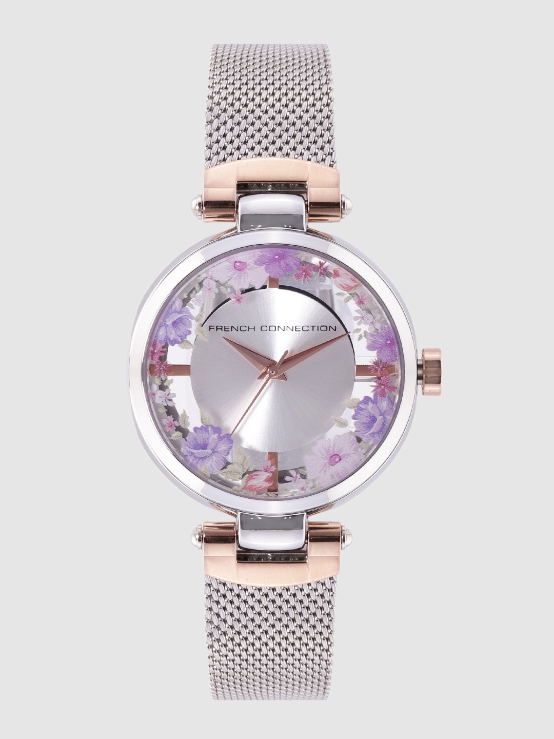 

French Connection Silver-Toned & Purple Sunray Floral Printed Analogue Watch FCL0003F