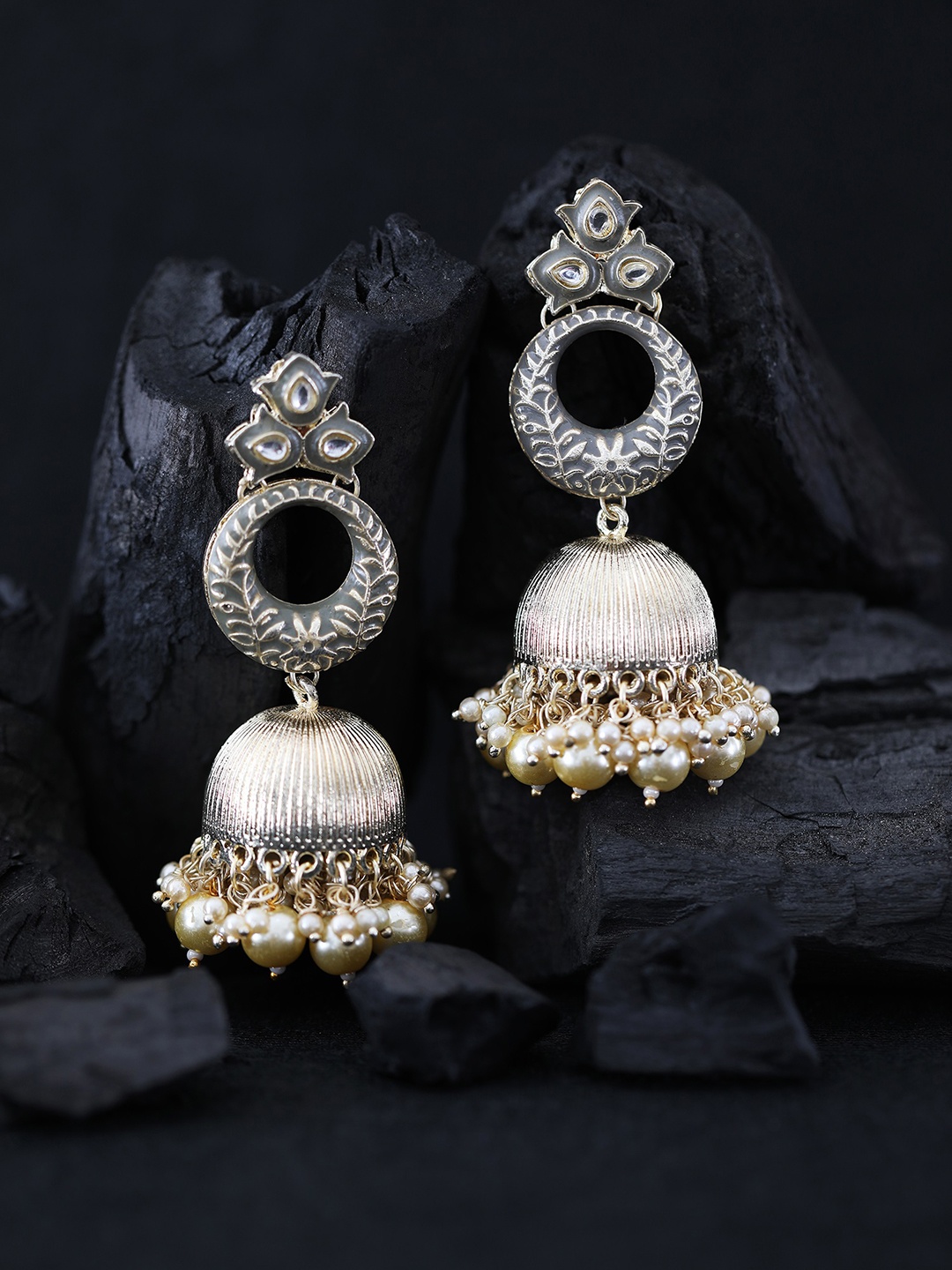 

Priyaasi Grey Gold-Plated Kundan-Studded & Beaded Handcrafted Enamelled Jhumkas