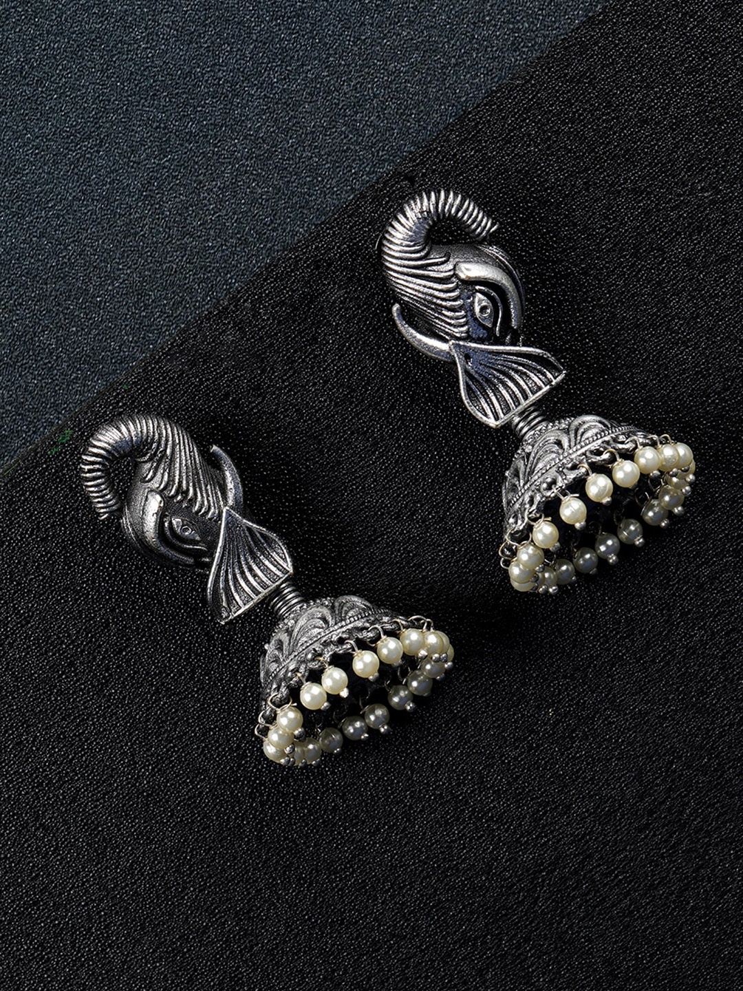 

Priyaasi Off-White Oxidised Silver-Plated German Silver Elephant Shaped Jhumkas