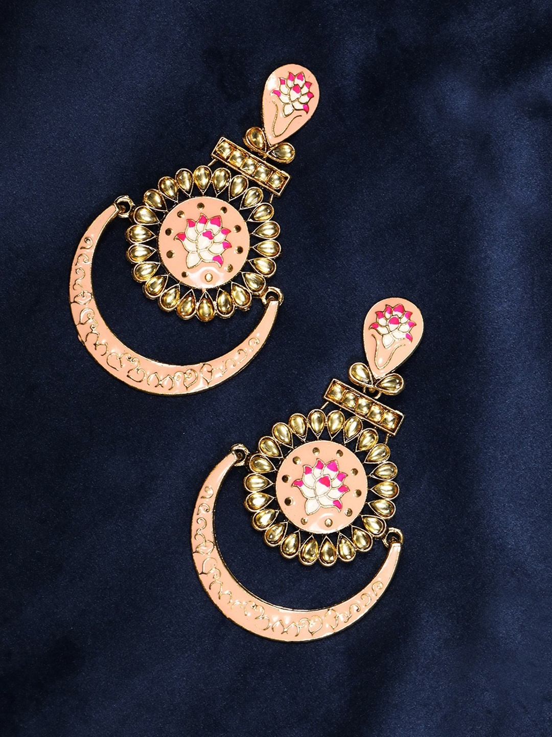 

Priyaasi Pink & White Gold-Plated Stone-Studded Handcrafted Enamelled Chandbalis