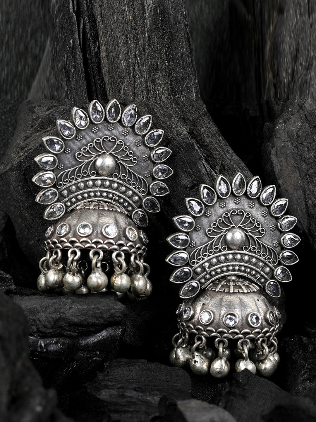 

Priyaasi Oxidised Silver-Plated German Silver Stone Studded Dome Shaped Jhumkas