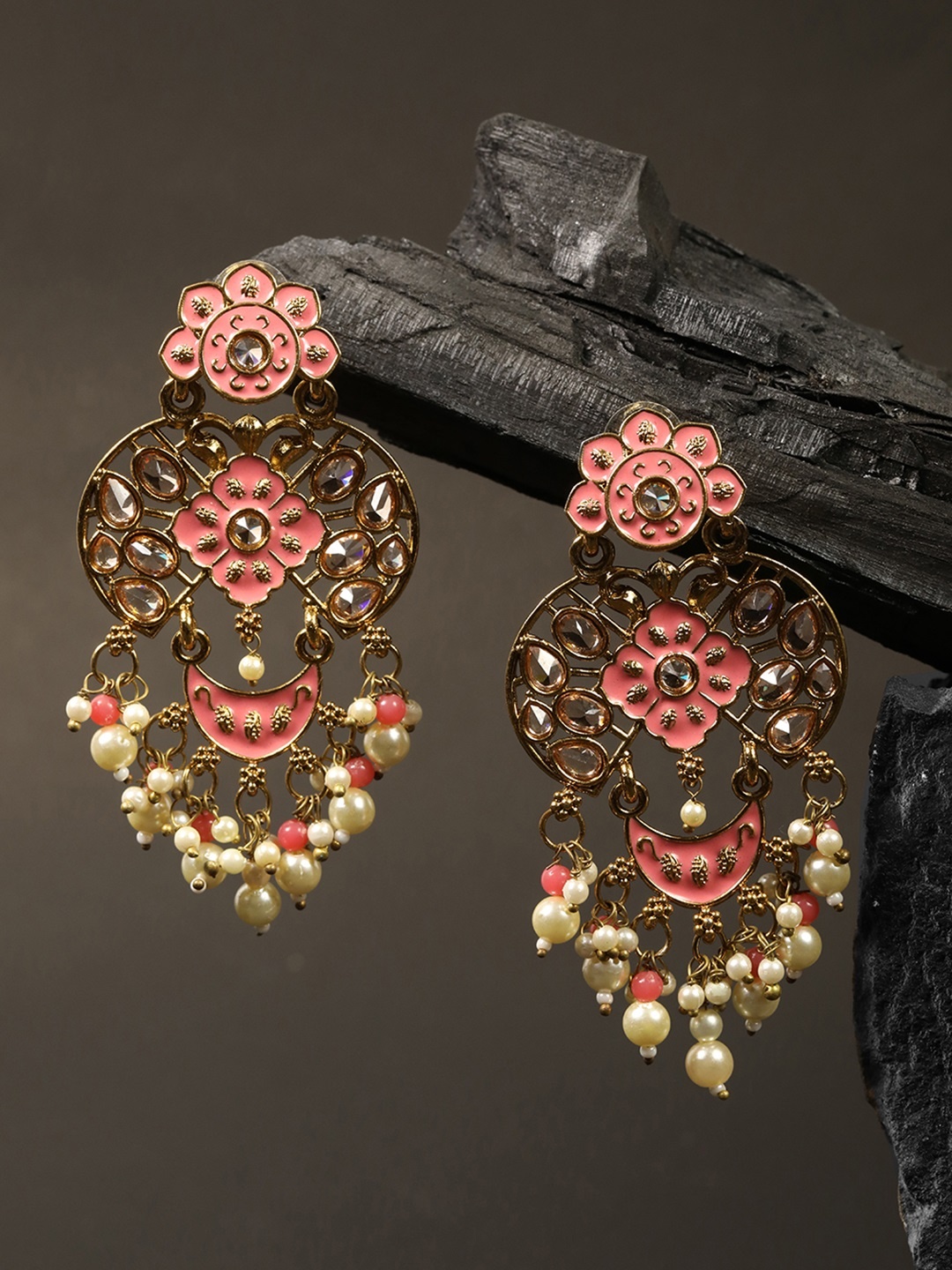 

Priyaasi Pink Gold-Plated Stone-Studded Handcrafted Enamelled Classic Drop Earrings