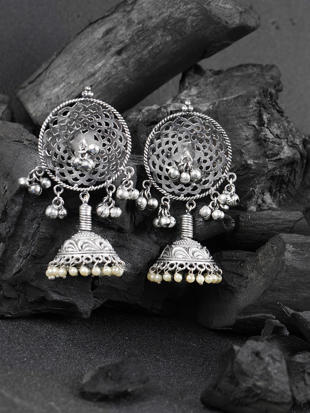 

Priyaasi Off-White Oxidised Silver-Plated German Silver Dome Shaped Jhumkas