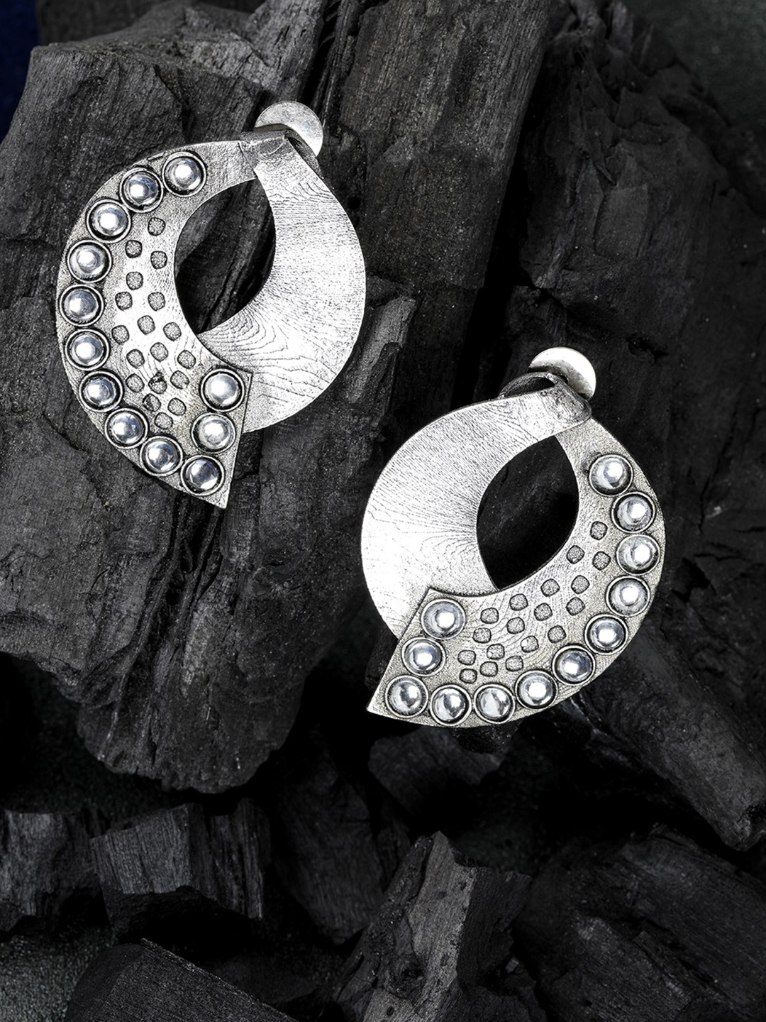 

Priyaasi Oxidised Silver-Plated German Silver Stone-Studded Contemporary Drop Earrings