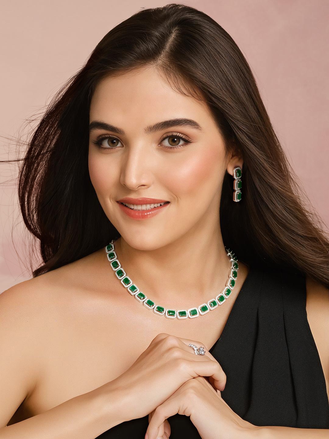 

Priyaasi Green Silver-Plated AD-Studded Handcrafted Jewellery Set