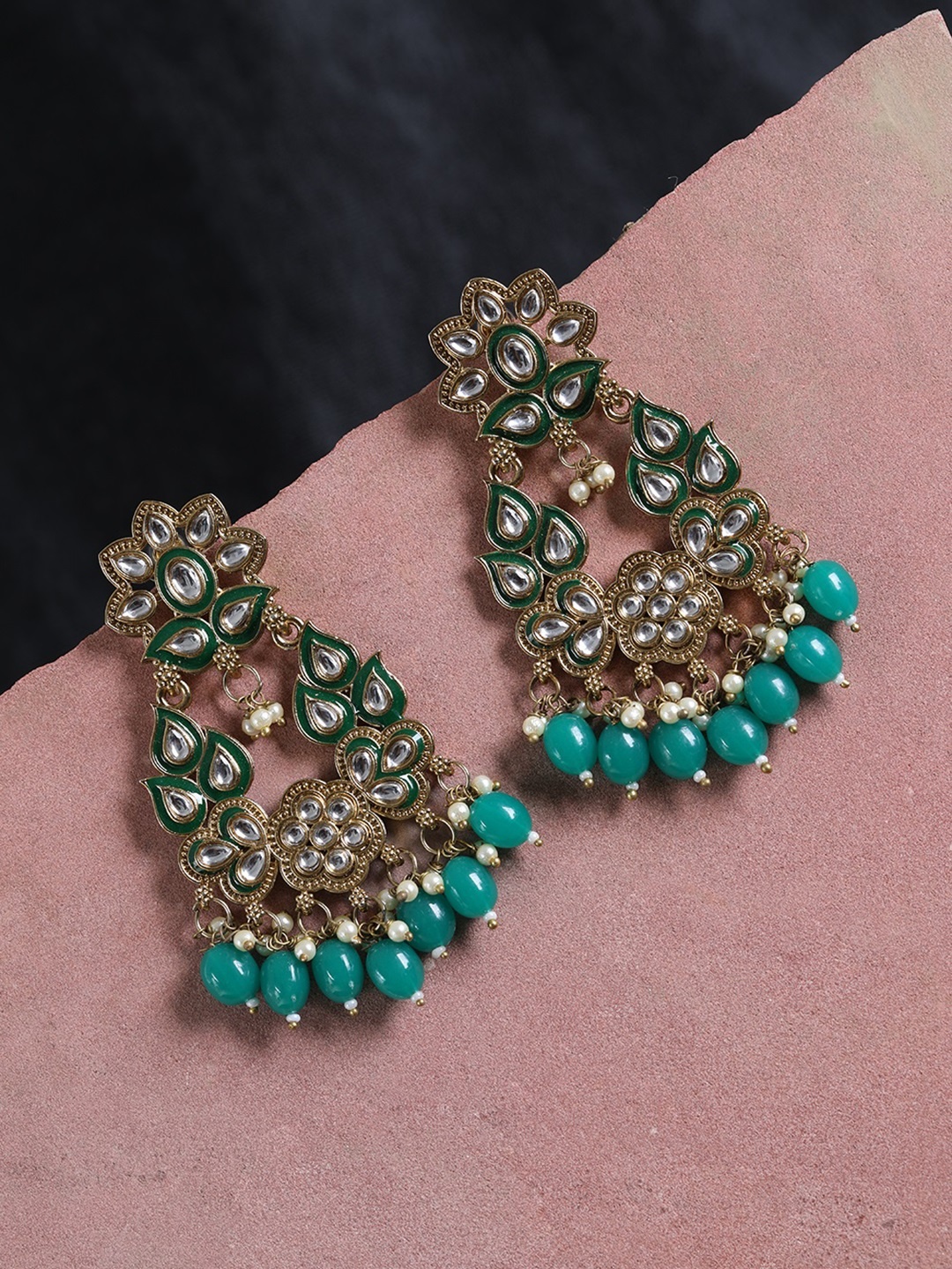 

Priyaasi Green Gold-Plated Kundan-Studded Beaded Handcrafted Floral Drop Earrings