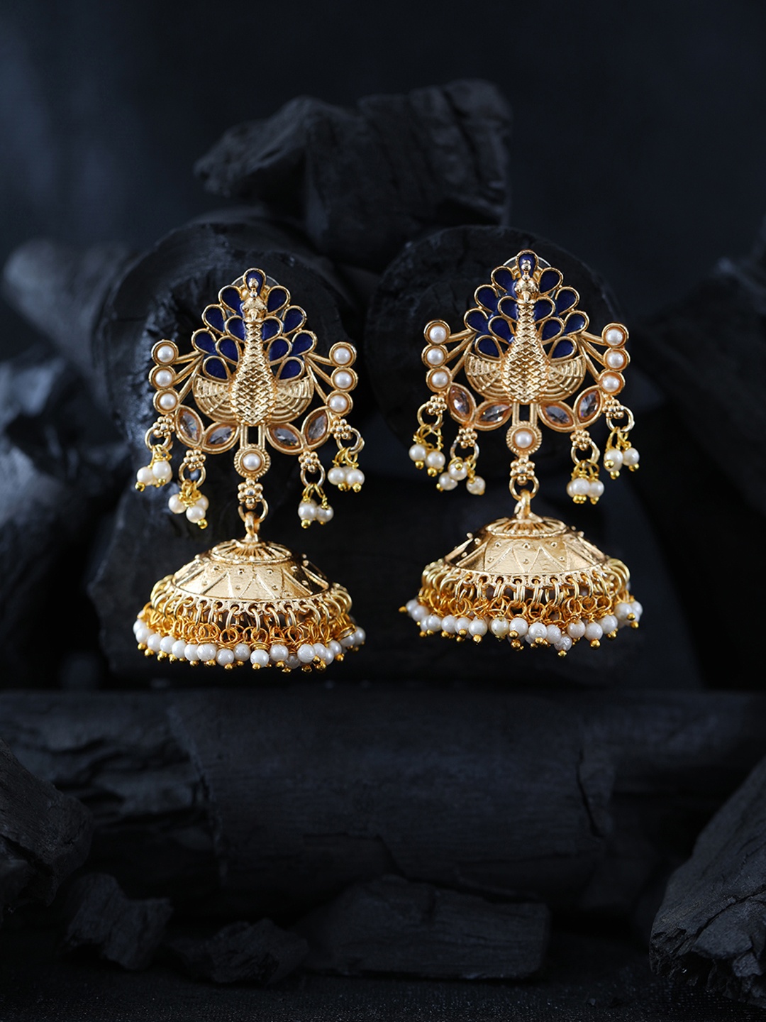 

Priyaasi Navy Blue Gold-Plated Stone Studded & Beaded Handcrafted Dome Shaped Jhumkas