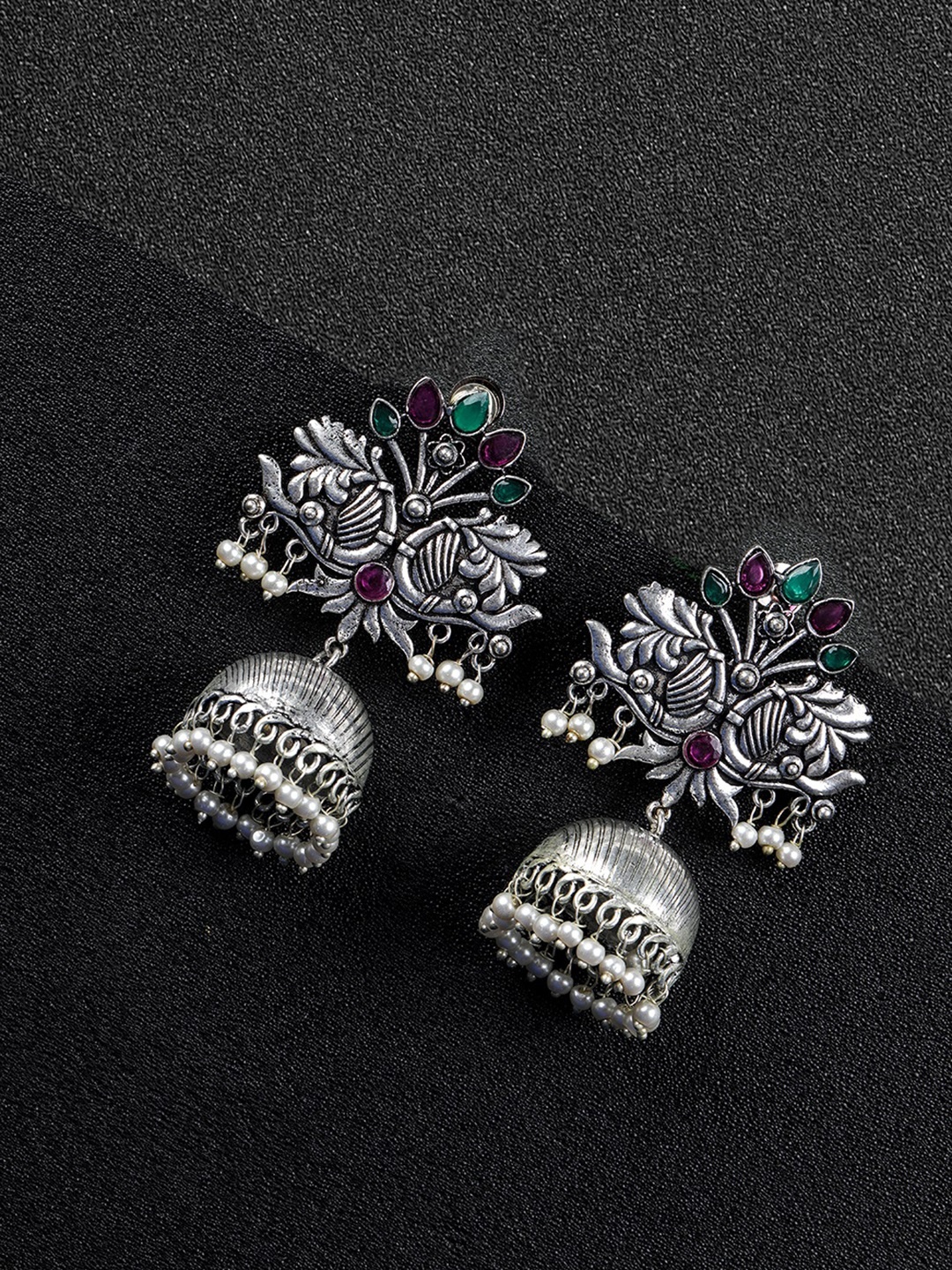 

Priyaasi Pink & Green Oxidised Silver-Plated German Silver Stone Studded & Beaded Jhumkas