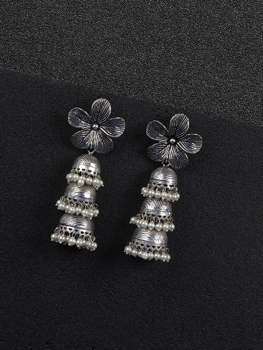 

Priyaasi Off-White Oxidised Silver-Plated German Silver Beaded Dome Shaped Jhumkas