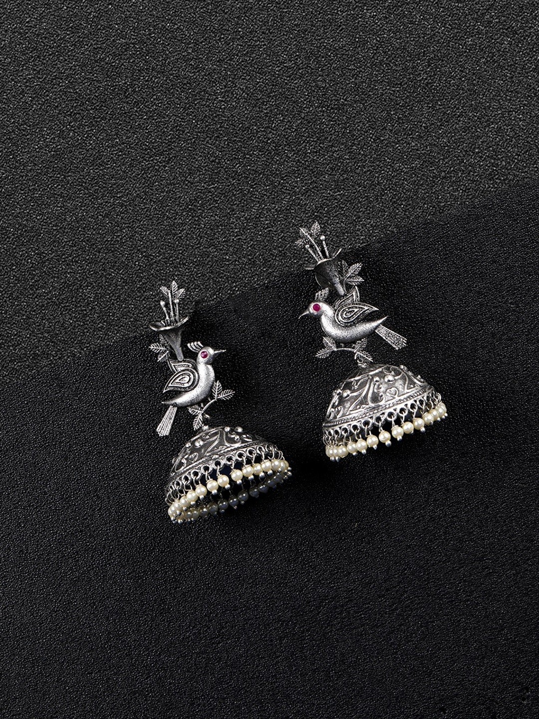 

Priyaasi Off-White Oxidised Silver-Plated German Silver Bird Shaped Jhumkas
