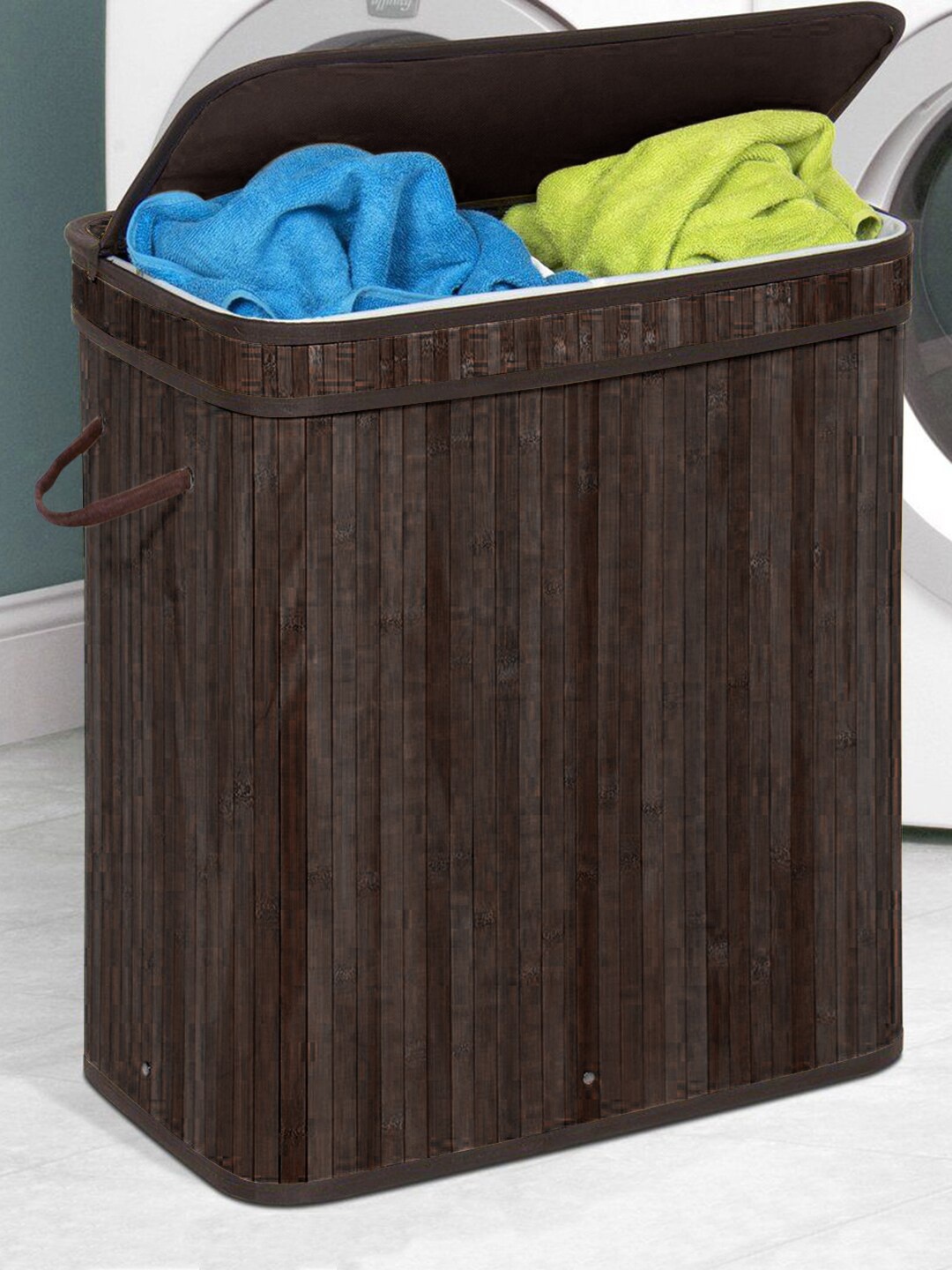 

HomeStorie Brown Eco-Friendly 2 Section Foldable Laundry Organizer Basket With Lid