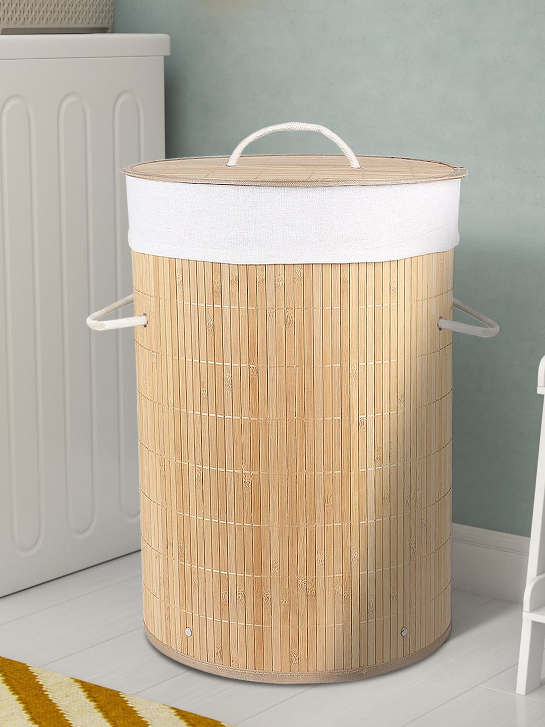 

HomeStorie Beige & White Eco-Friendly Foldable Bamboo Laundry Basket Hamper With Lid