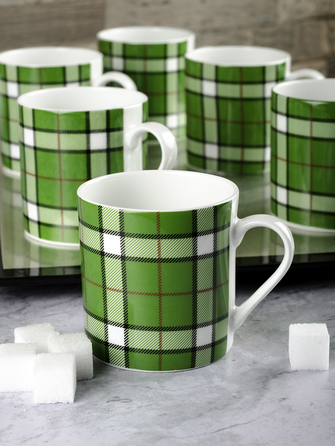 

SONAKI Green & White 6-Pieces Printed Bone China Mugs Set 220 ml each