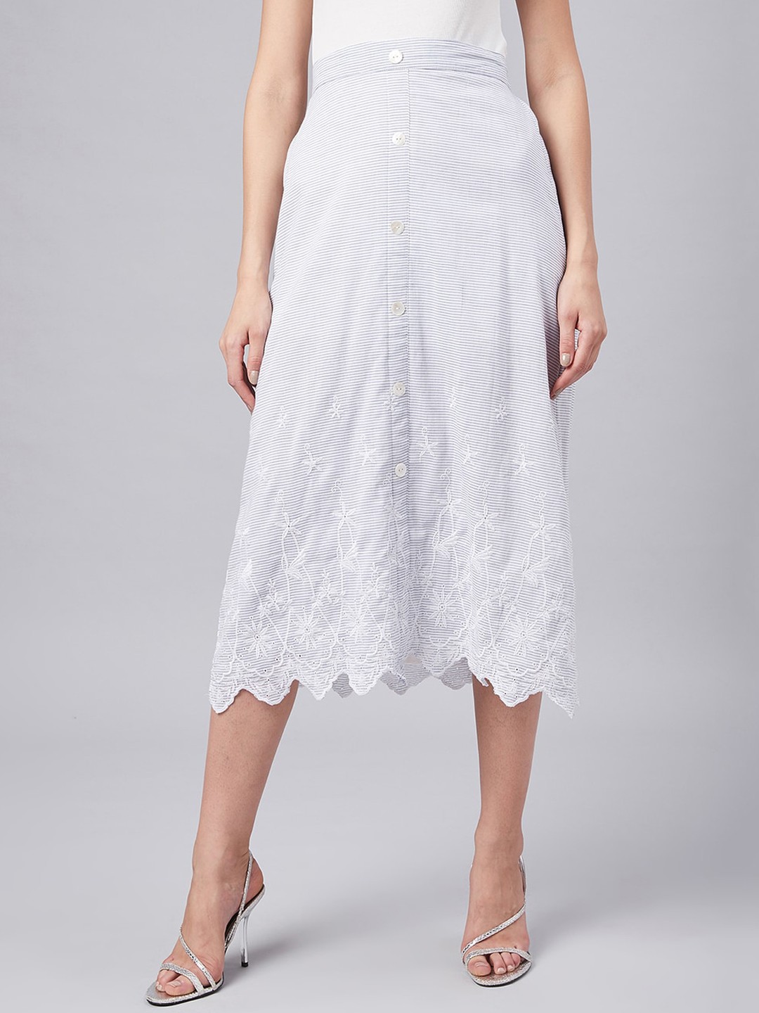 

Marie Claire Women Blue & White Embroidered A-Line Midi Skirt