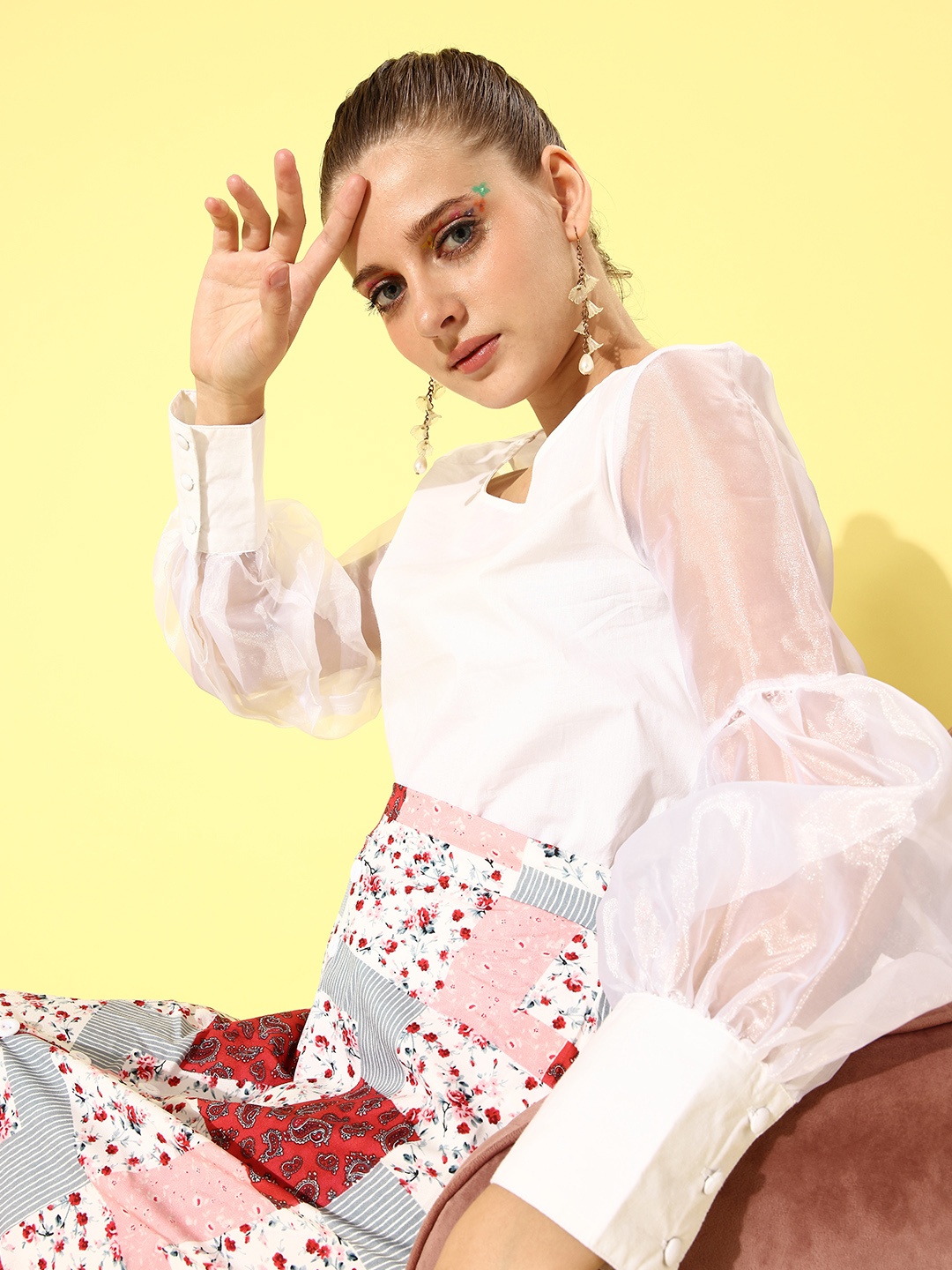 

Moda Rapido Women Off-White Solid Pure Cotton Top