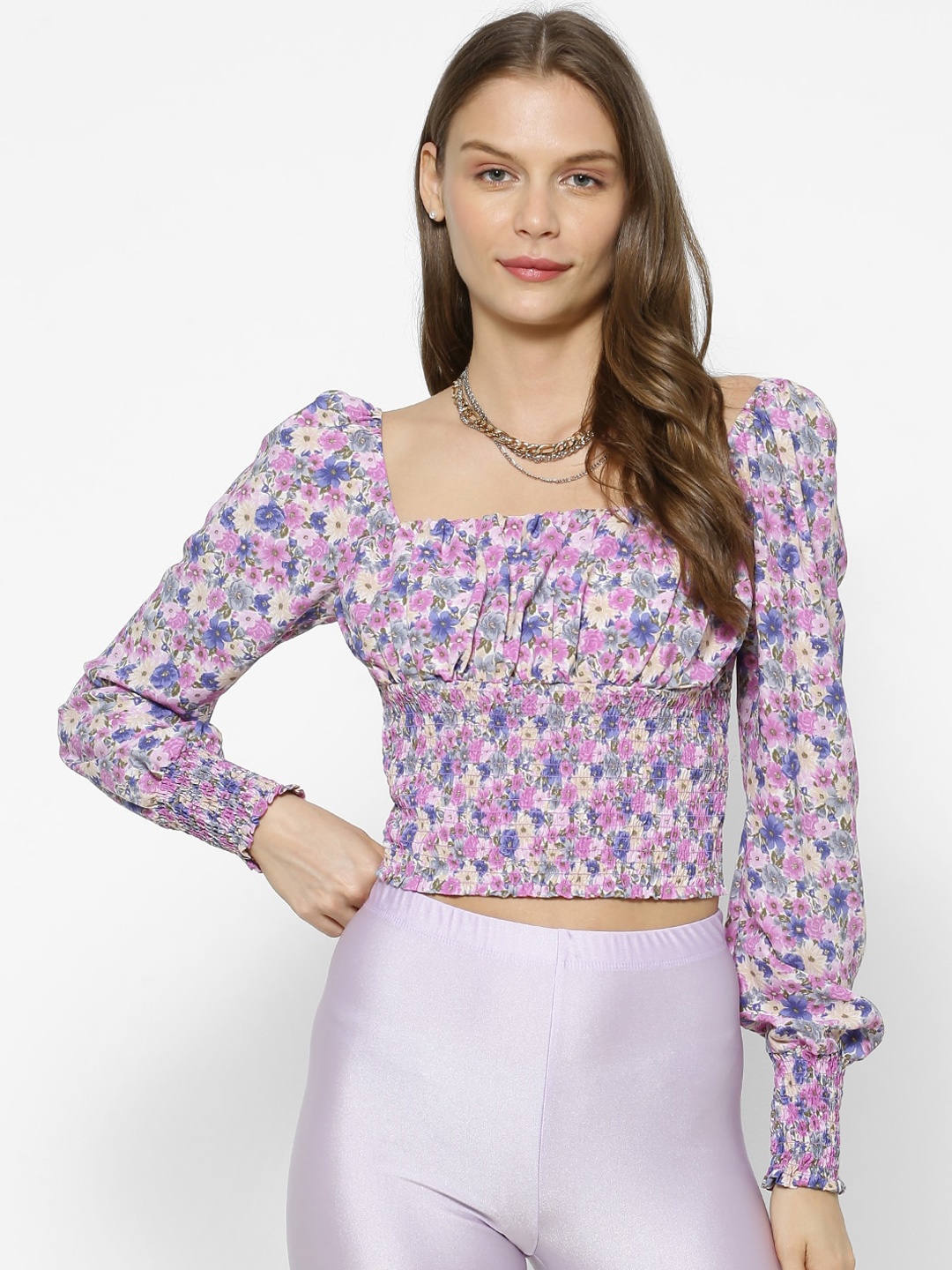

FOREVER 21 Women Lavender Floral Printed Fitted Top
