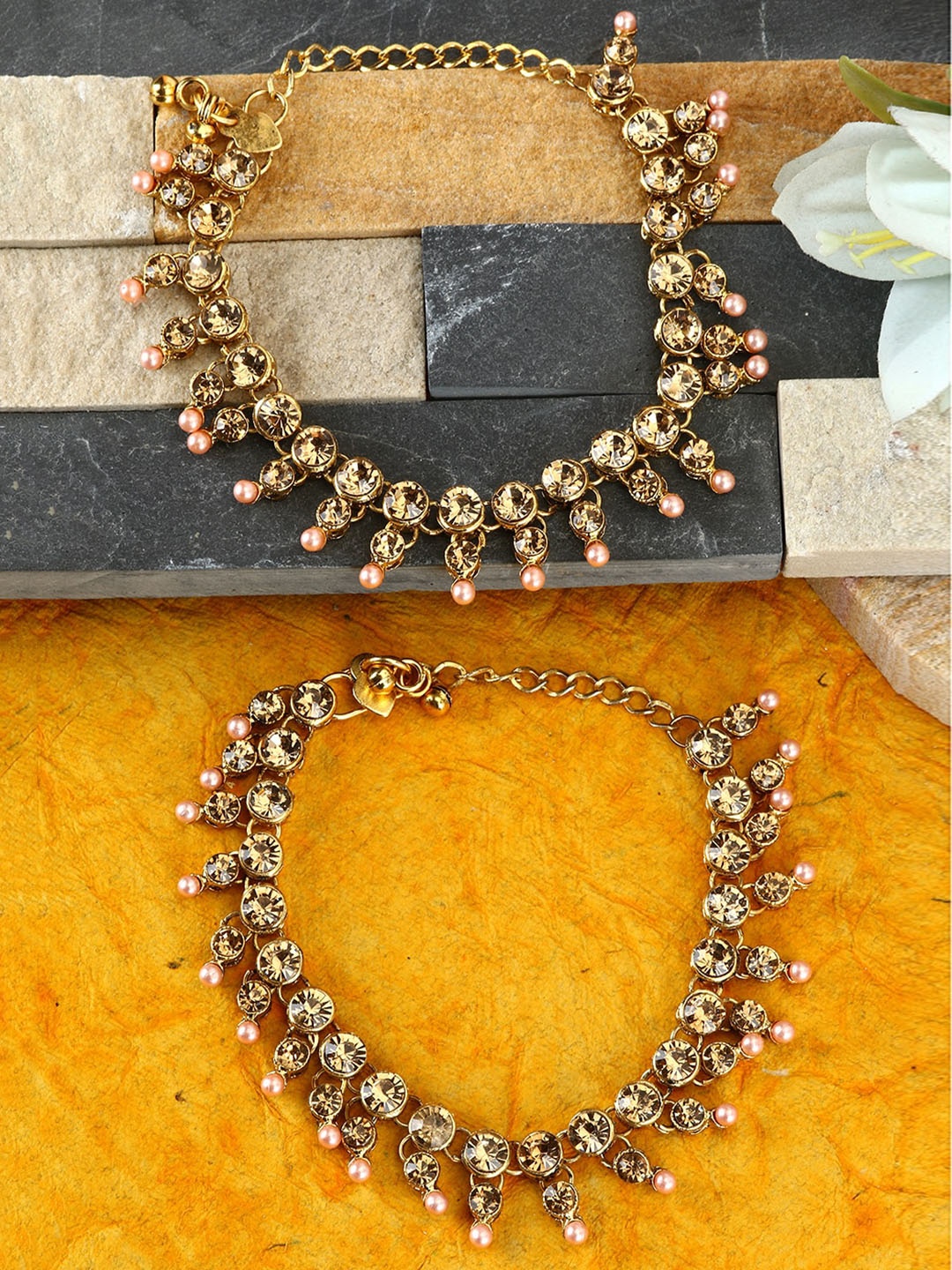 

ANIKAS CREATION Set Of 2 Gold-Plated Beige & Peach-Colour Kundan-Studded Beaded Vilandi Anklets