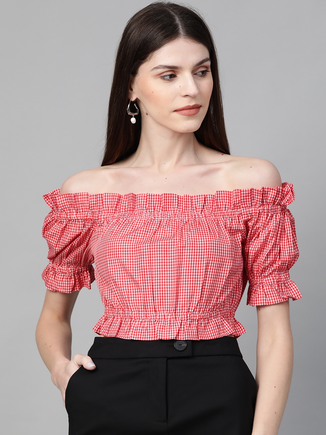 

Orchid Blues Women Red & White Checked Cropped Bardot Top