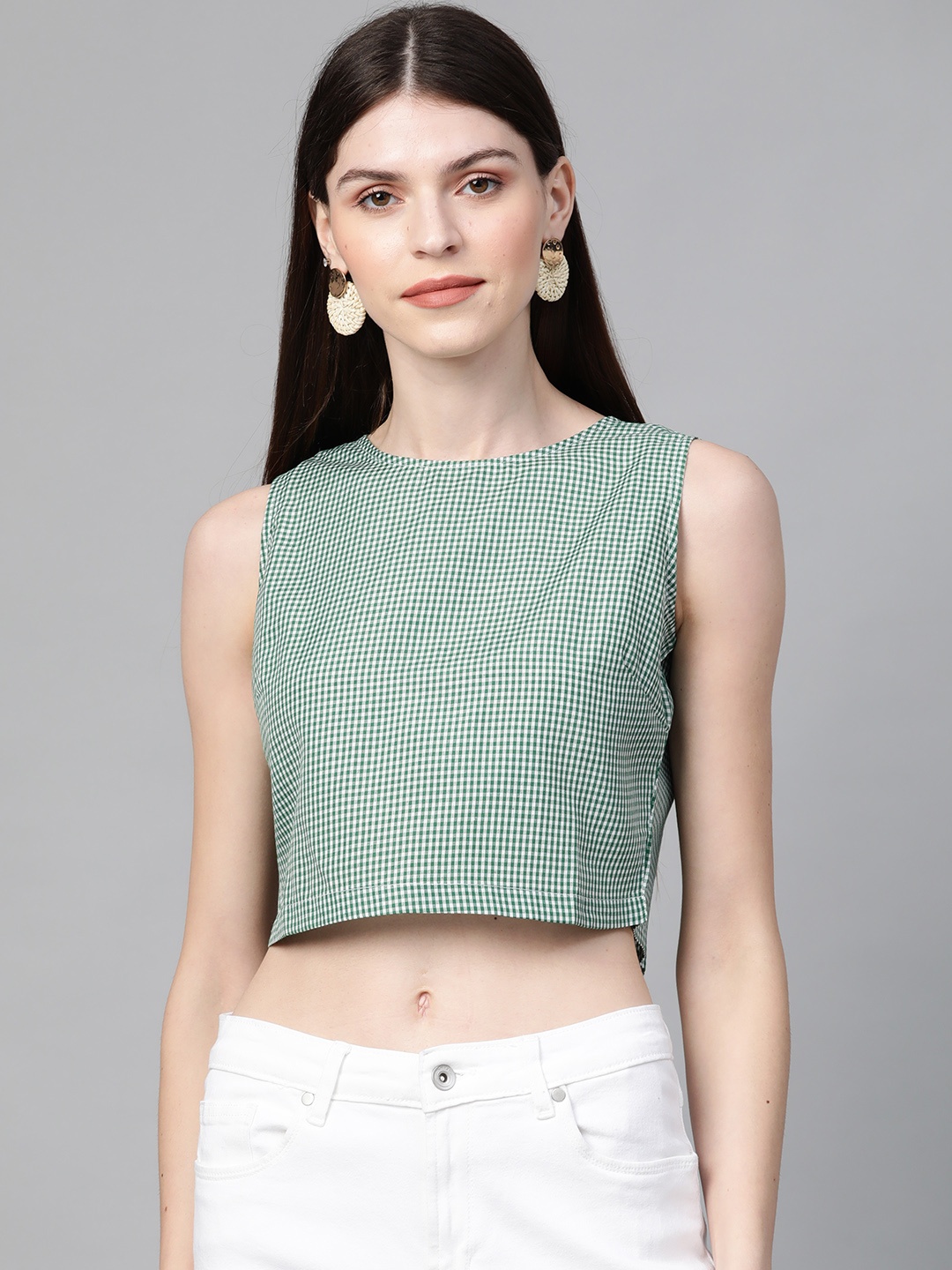 

Orchid Blues Women Green & Off-White Checked Cropped Styled Back Top