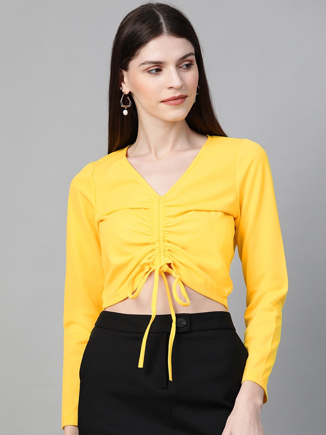 

Orchid Blues Women Yellow Ruched Cropped Top