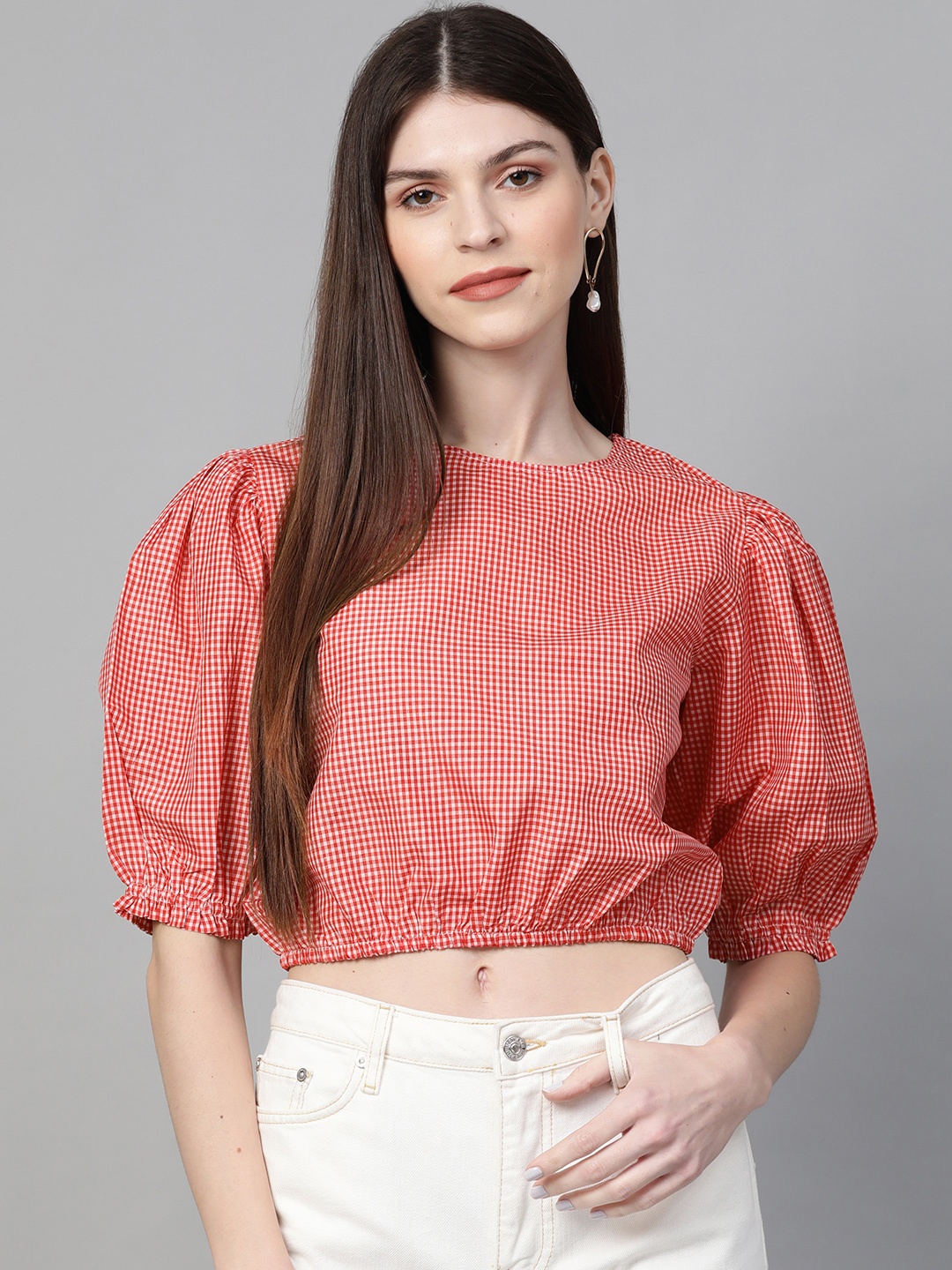 

Orchid Blues Women Red & White Checked Cropped Blouson Top