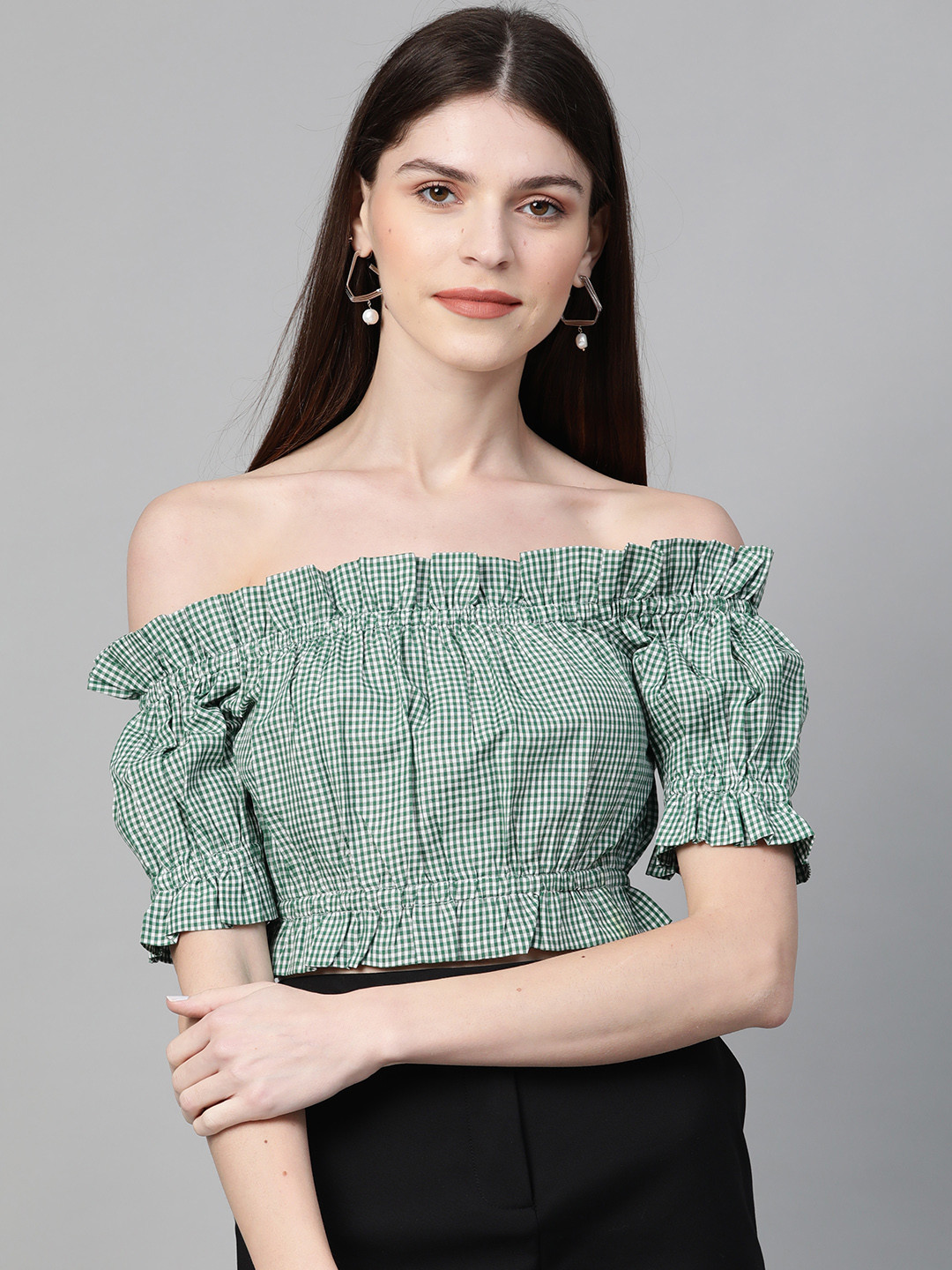 

Orchid Blues Women Green & White Checked Cropped Bardot Top