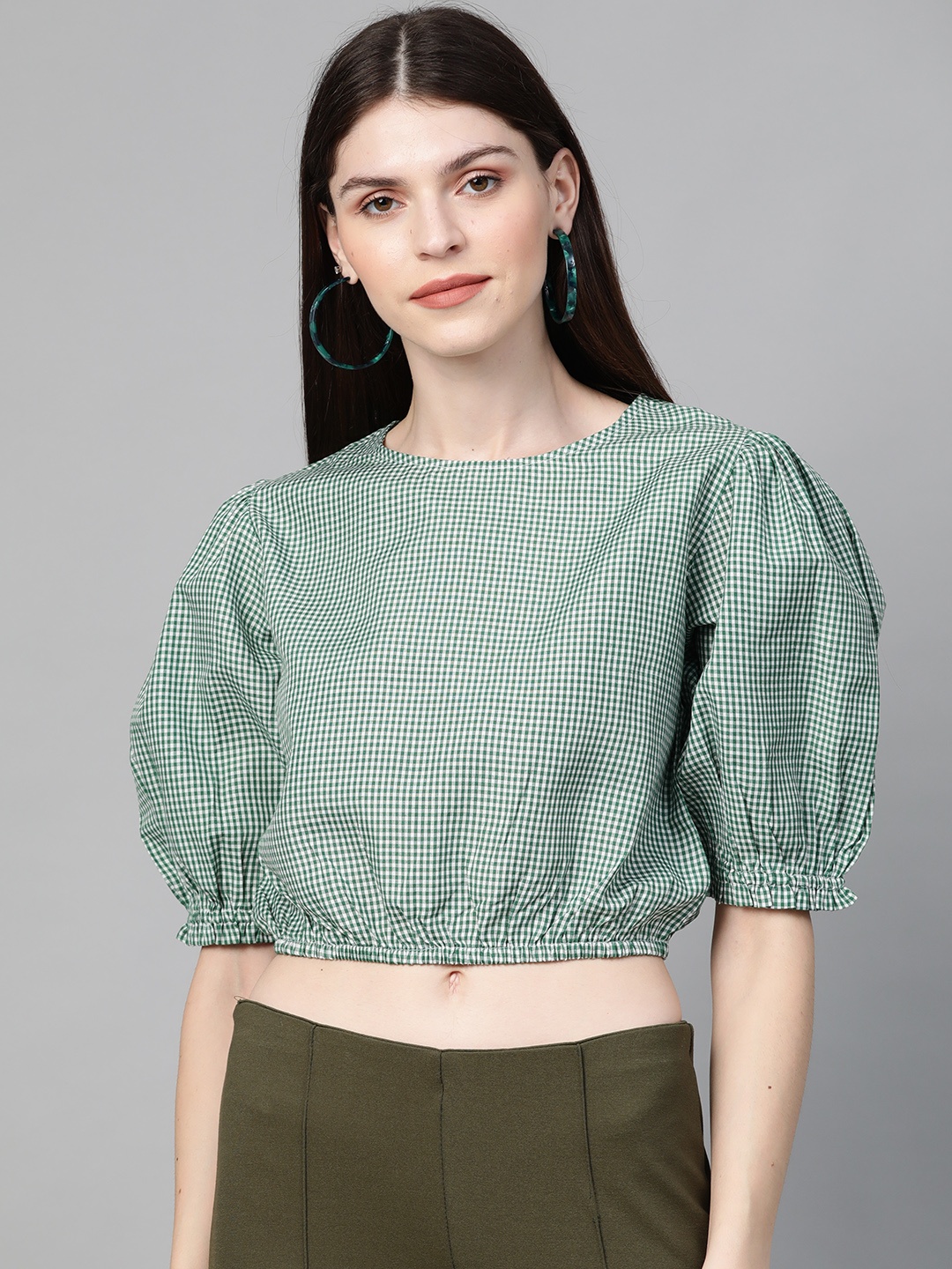 

Orchid Blues Women Green & Off-White Checked Cropped Blouson Top