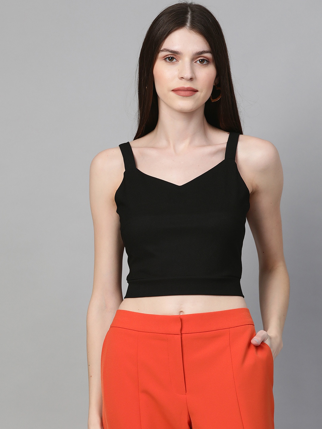 

Orchid Blues Women Black Solid Cropped Fitted Top