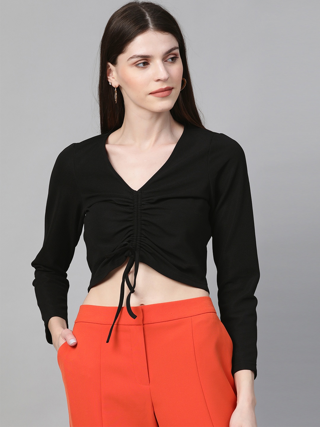 

Orchid Hues Women Black Ruched Cropped Top