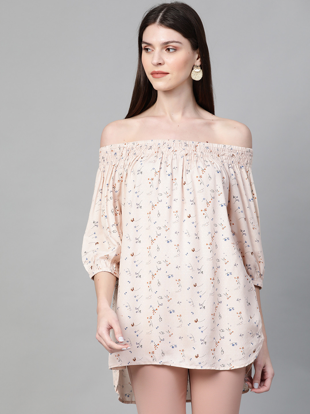 

Orchid Blues Women Beige & Blue Floral Printed High-Low Bardot Top