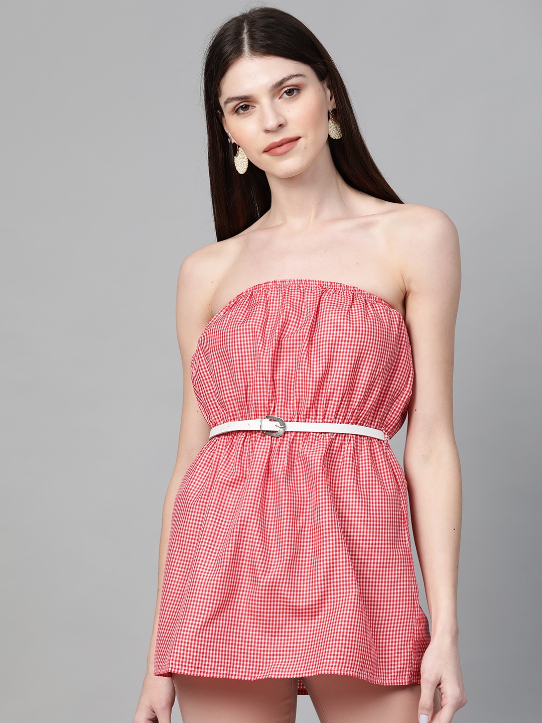 

Orchid Blues Women Red & White Checked Longline Tube Top