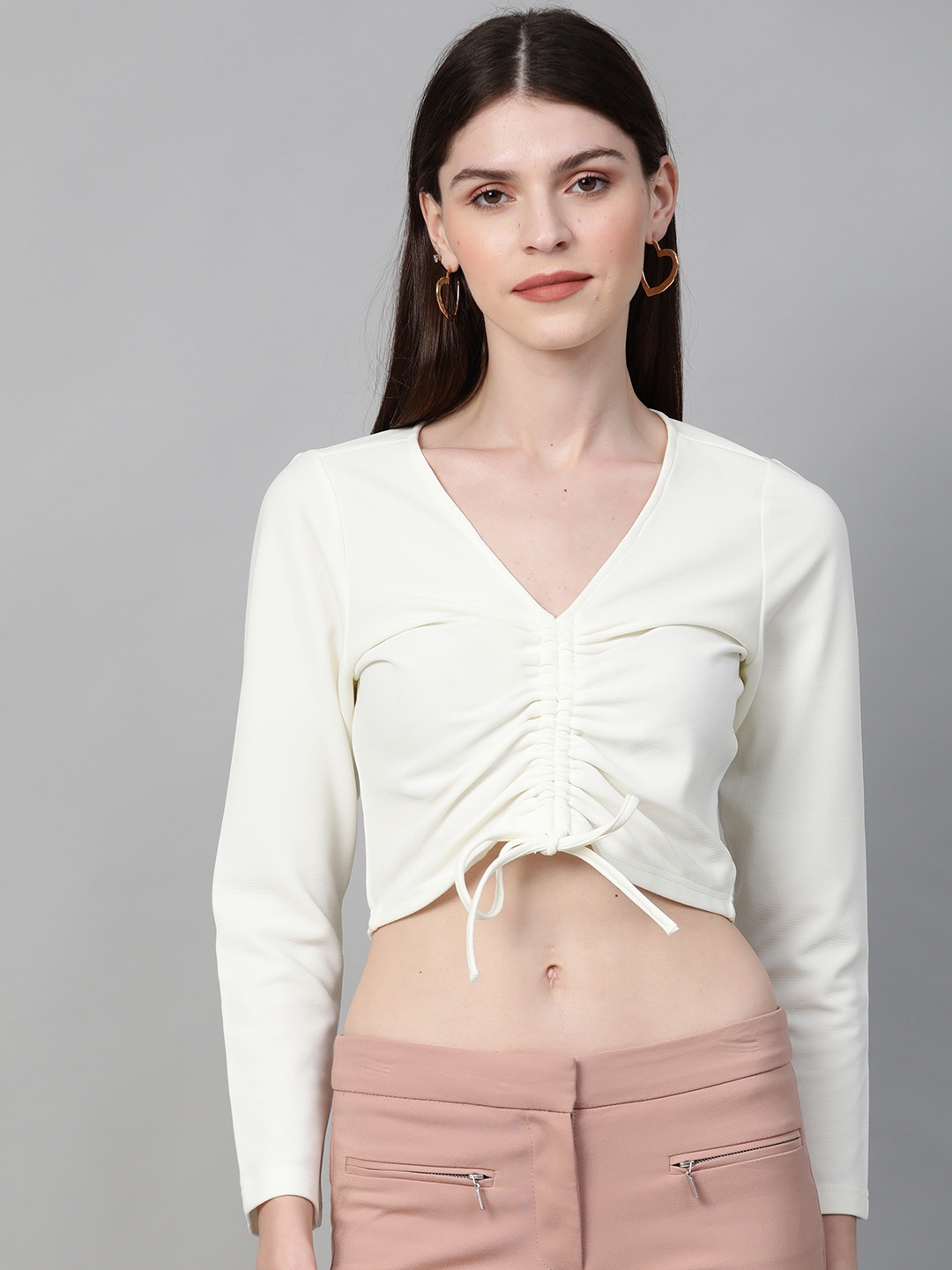 

Orchid Blues Women Off-White Ruched Front Solid Top