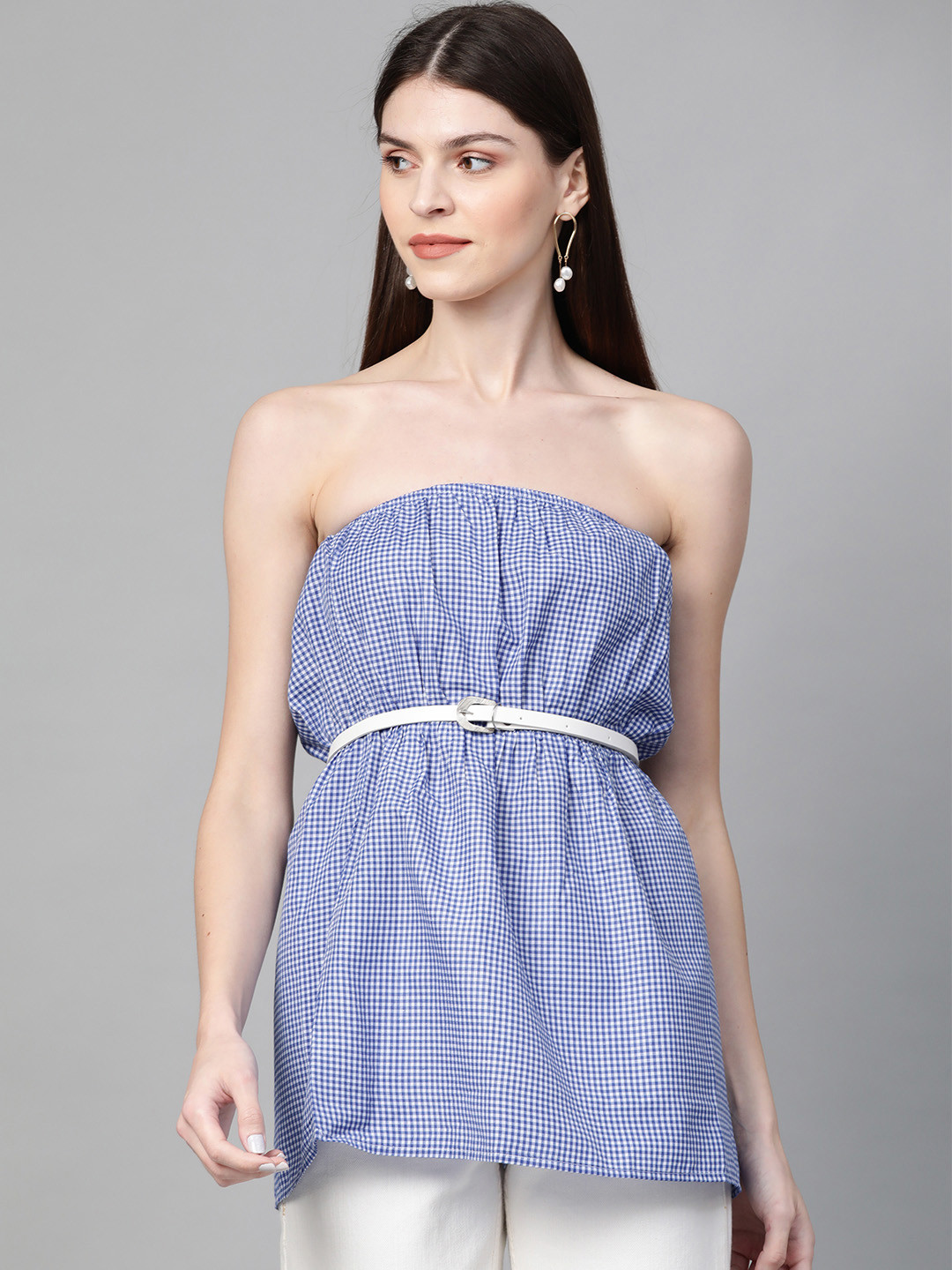 

Orchid Blues Women Blue & White Checked Strapless Top
