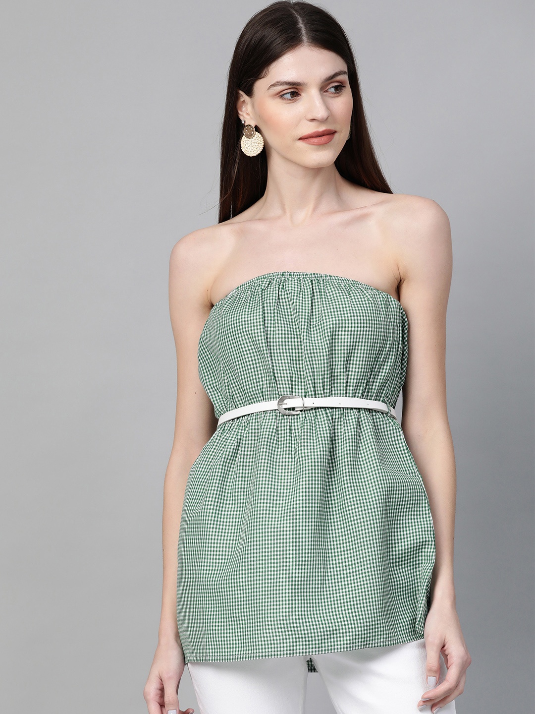 

Orchid Blues Women Gingham Checked Strapless A-line Top with Belt, Green