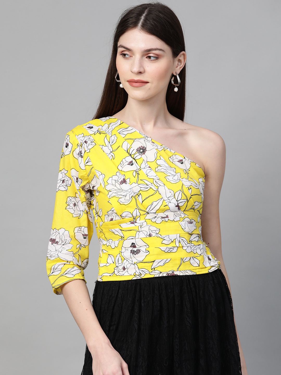 

Orchid Hues Women Yellow & White Floral Print One-Shoulder Top