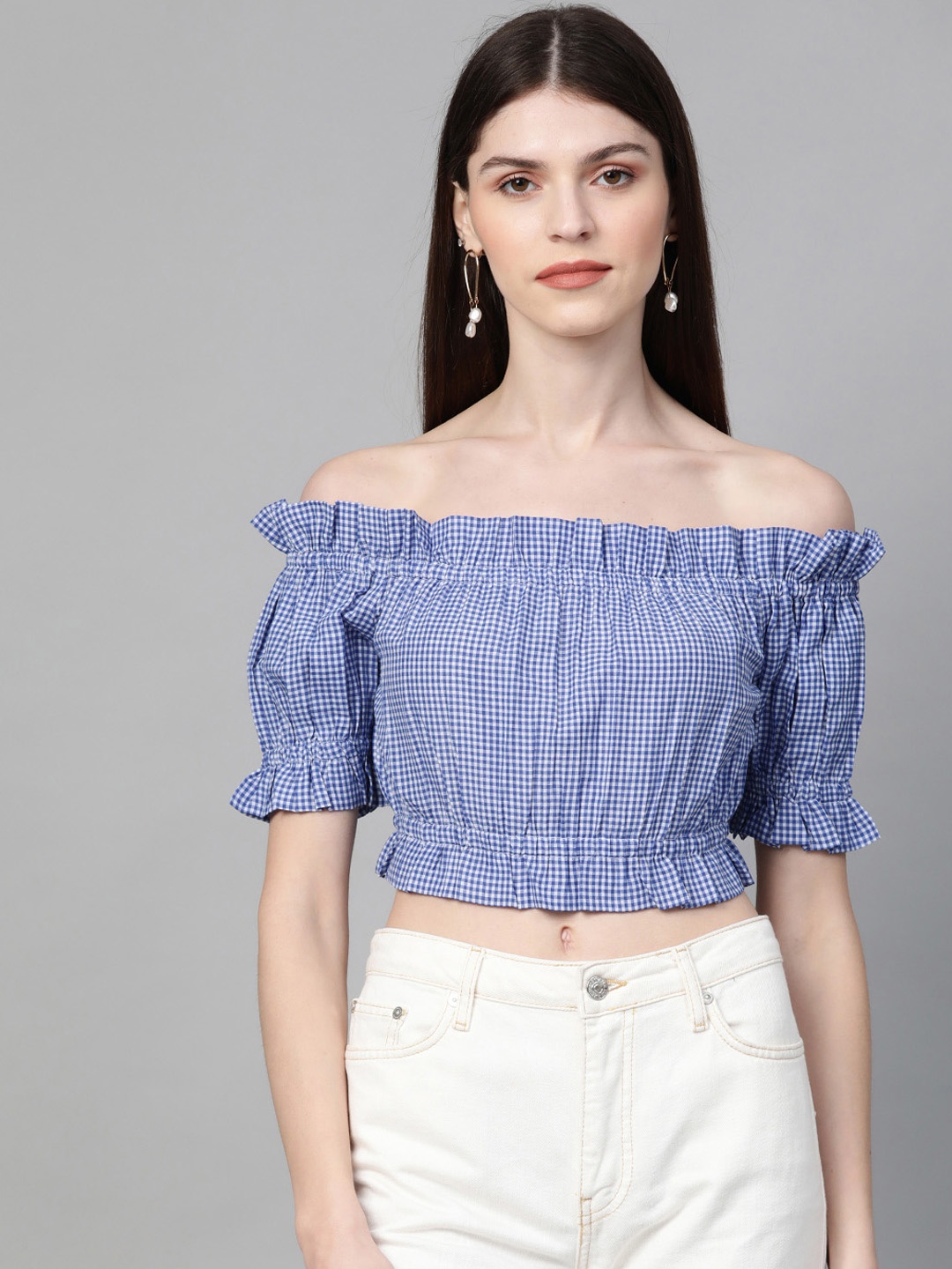 

Orchid Blues Women Blue & White Checked Bardot Top