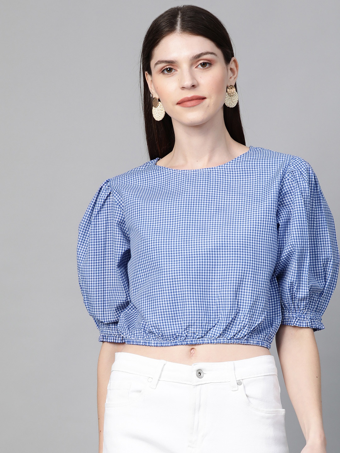 

Orchid Blues Women Blue & White Puff Sleeve Boxy Fit Checked Blouson Crop Top