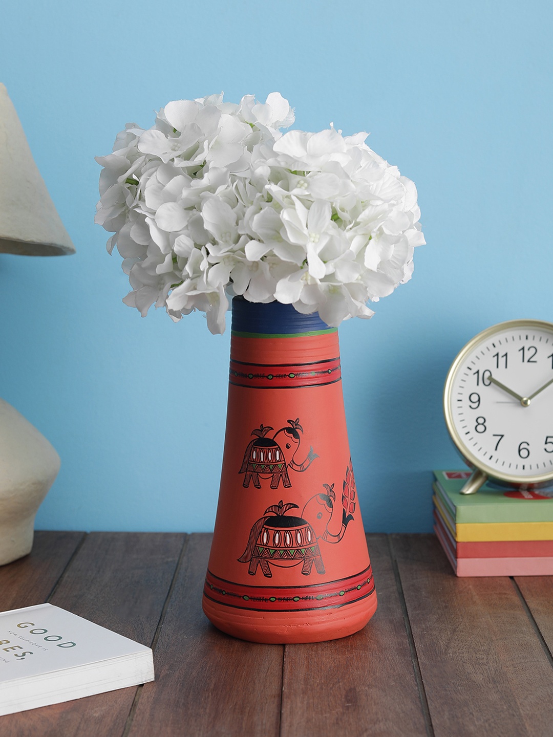 

VarEesha Coral-Coloured & Blue Hand Painted Madhubani Terracotta Flower Vase