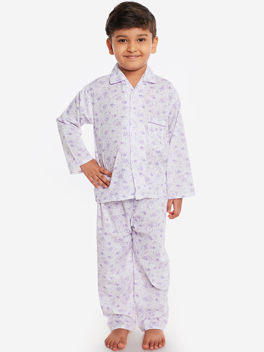 

Fuzzy Bear Boys White & Purple Printed Sustainable Night Suit