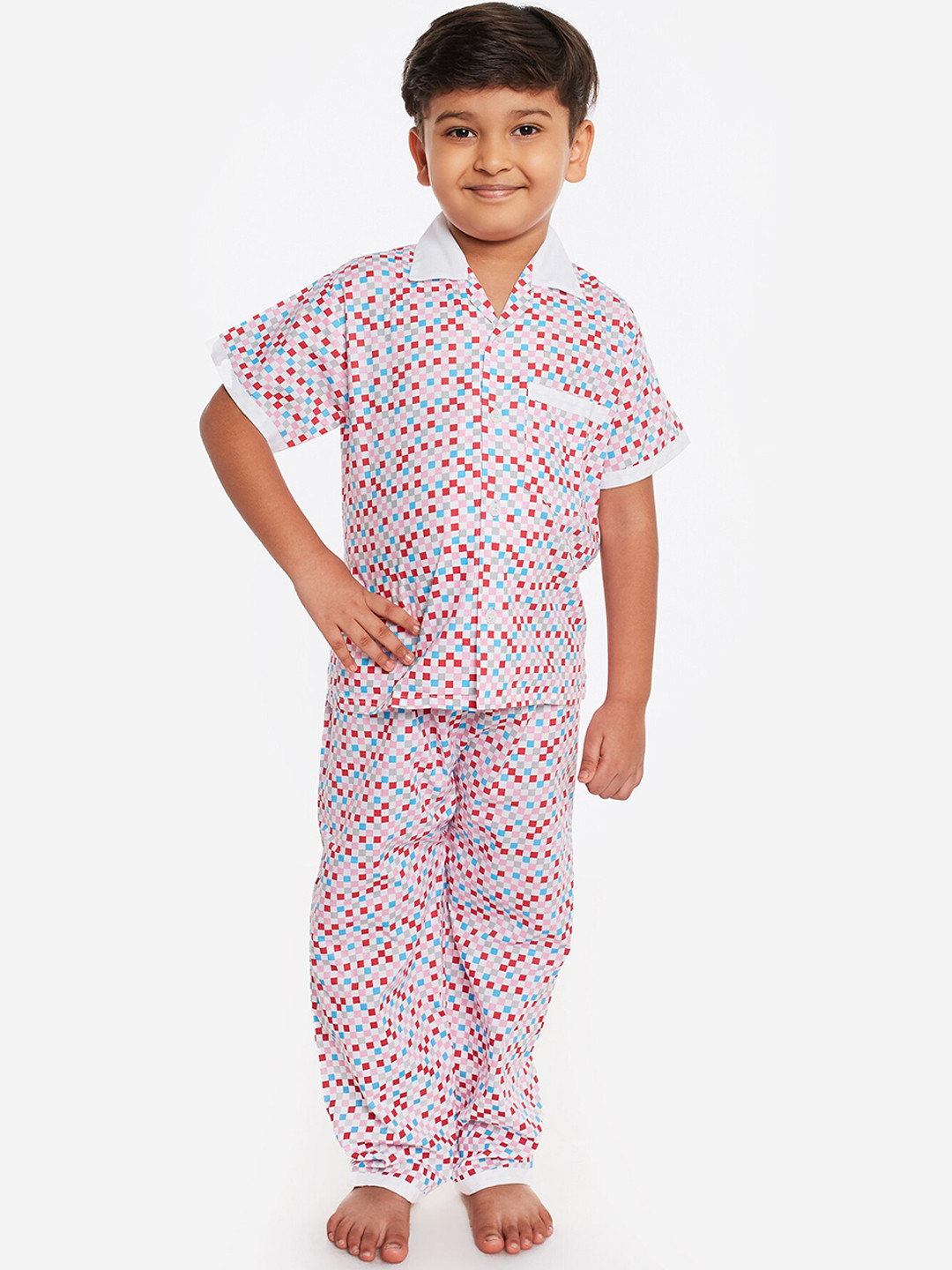 

Fuzzy Bear Boys White & Red Checked Sustainable Night Suit