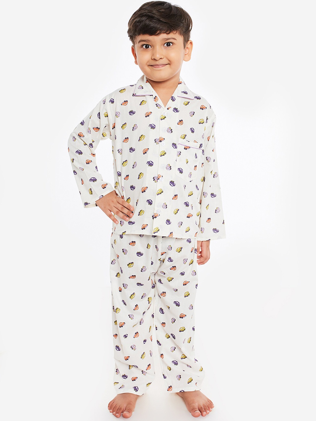 

Fuzzy Bear Boys Cream-Coloured & Purple Printed Sustainable Night Suit