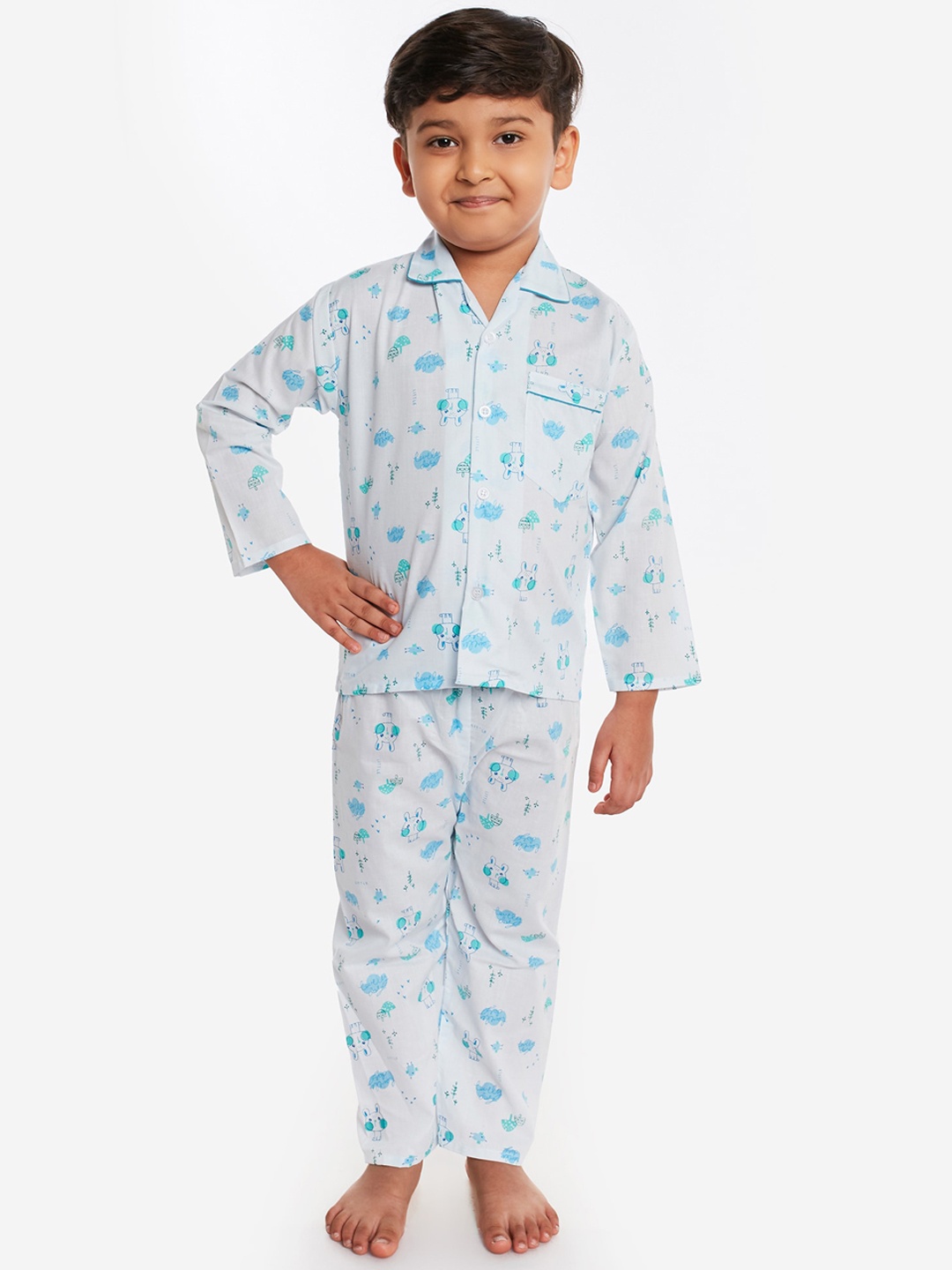 

Fuzzy Bear Boys White & Blue Printed Nightsuit